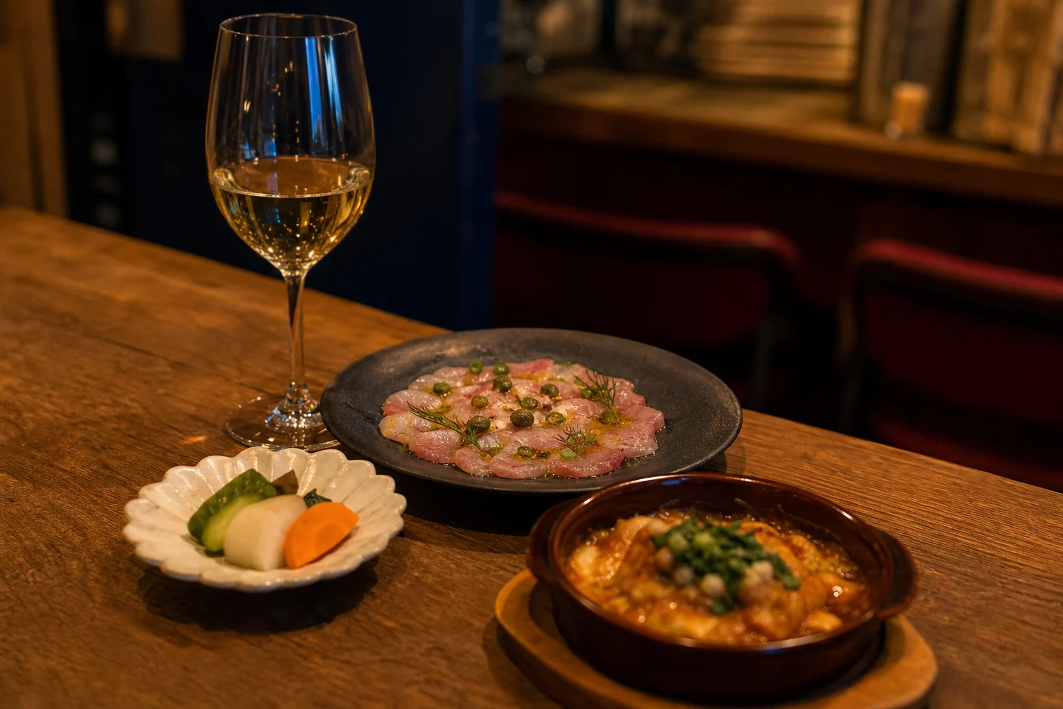 ピクルスやカルパッチョとワインを並べた夜の食卓のイメージ